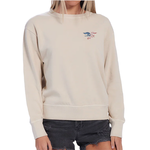 Ladies Red/White/Blue Trident Flag Khaki Garment Dyed Fleece Crew