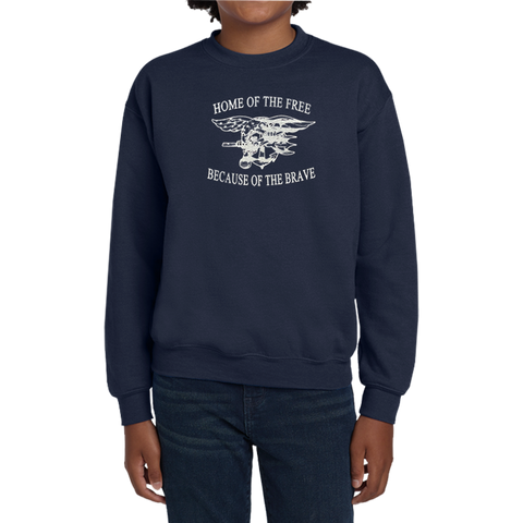 Youth Home of the Free with Trident Navy Crewneck Sweatshirt