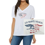 Ladies Red/White/Blue Trident Slouchy V-Neck White Tee