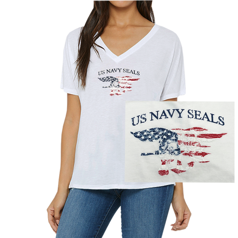 Ladies Red/White/Blue Trident Slouchy V-Neck White Tee